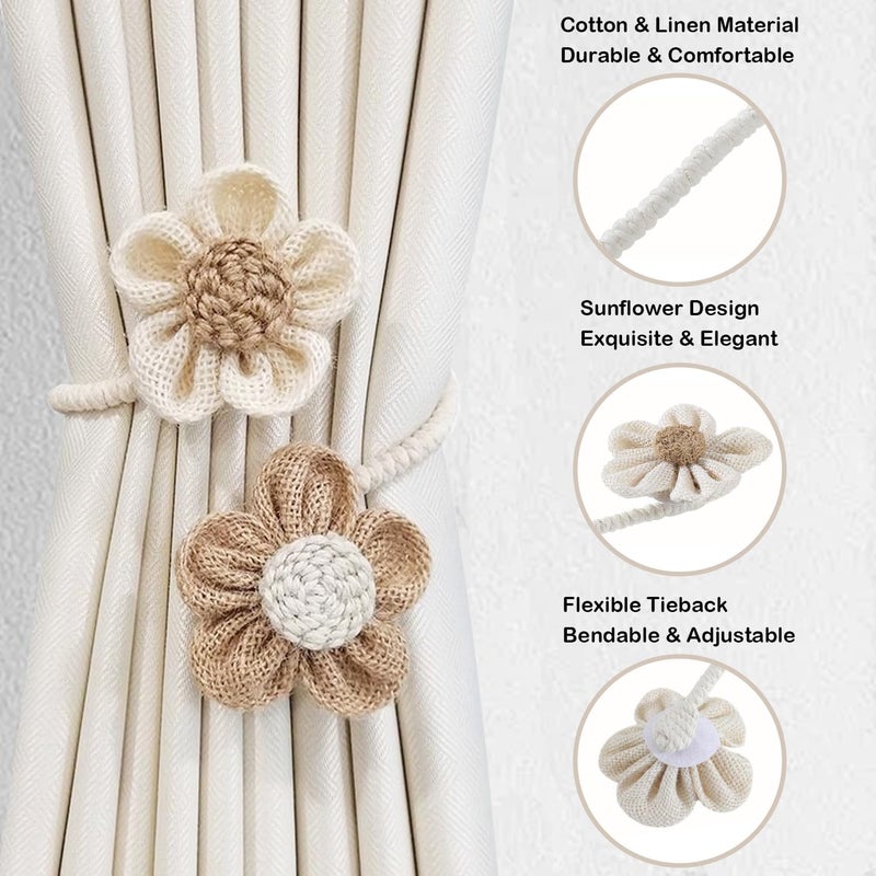 SRG Rope Curtain Tiebacks 2 Pack | Sunflower Curtain Tieback Boho | Simple Elegant DIY Curtain Holdbacks | Accessories Wall Decoration for Home Office | Cream&Khaki - Image 3